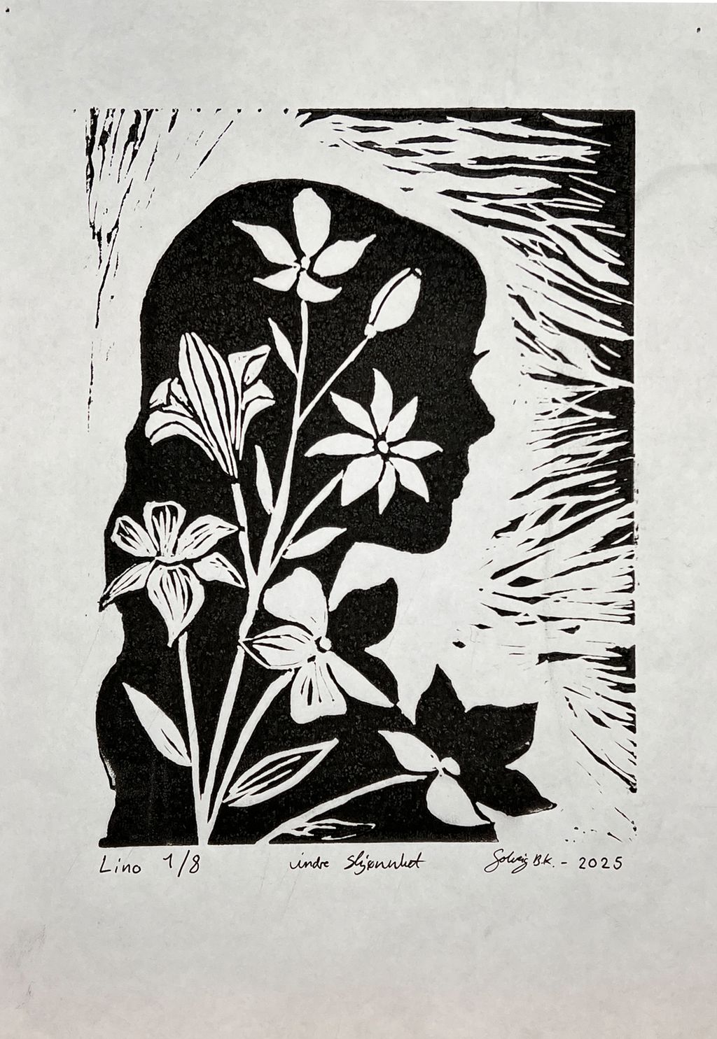 Blomser foran silhuett av ei jente. Illustrasjon.