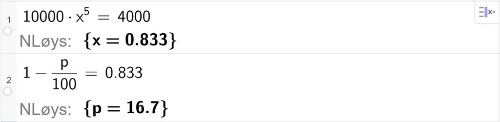 På linje 1 i CAS-vindauget i GeoGebra er 10000 multiplisert med x i femte sett lik 4000. Svaret med NLøys er x er lik 0,833. På linje 2 er 1 minus p delt på 100 sett lik 0,833. Svaret med NLøys er p er lik 16,7. Skjermutklipp.