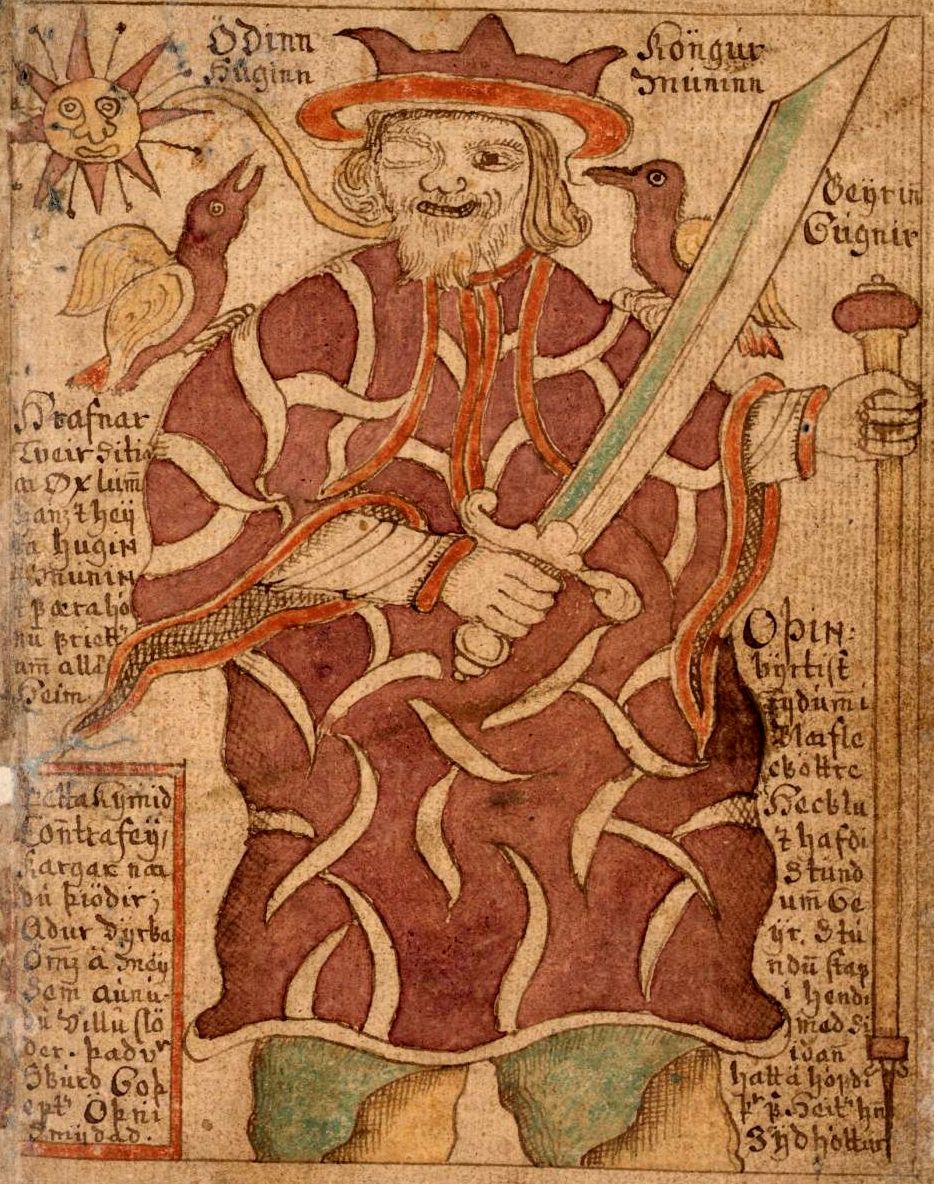 Illustrasjon av den norrøne guden Odin på et gammelt islandsk manuskript. Odin har rød kappe med mønster og sverd i hånden, og to fugler på skuldrene. Gotisk skrift omringer Odin.  Foto av kilde. 