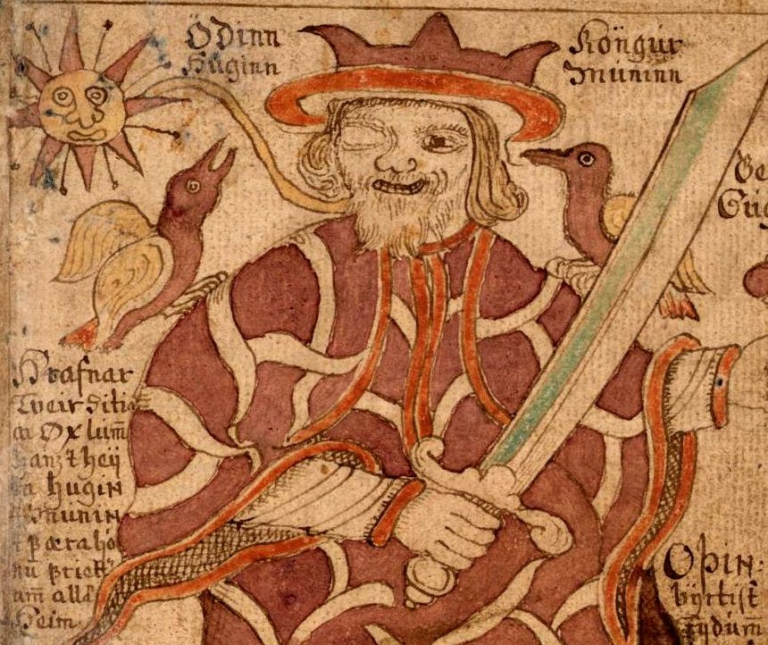 En enøyd mann med sverd og med en ravn på hver skulder. Illustrasjon.