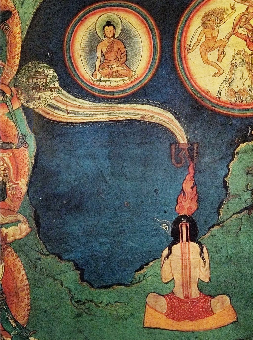 Maleri av mann som mediterer vendt mot et bilde av Buddha på himmelen. Flammer og symboler stiger fra hodet hans. Oppe til høyre er det ulike mytiske figurer. Illustrasjon.