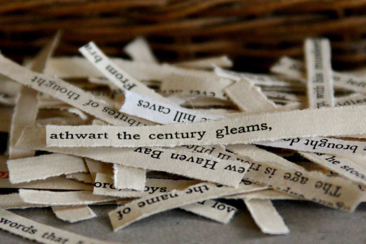 Photo: A heap of paper strips with sentences and words that can be made into a poem.