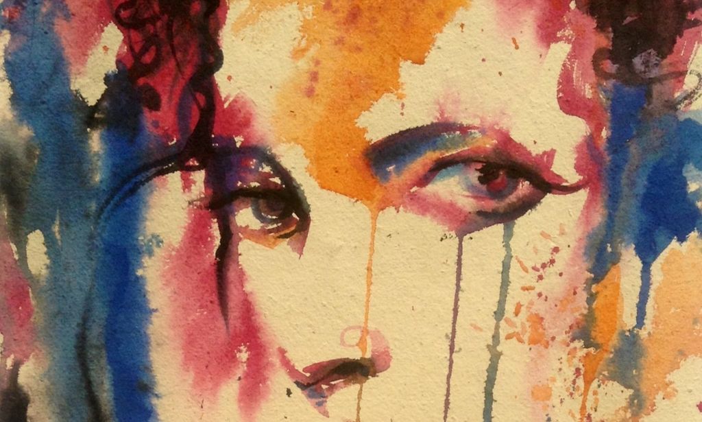 Watercolour painting: We see the outlines of a female face. There are lots of colours.