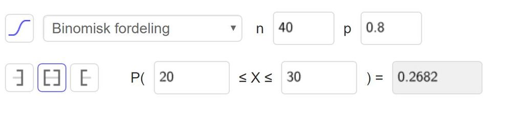 Sannsynlighetskalkulatoren i GeoGebra. Det er valgt «Binomisk fordeling» med n lik 40 og p lik 0,8. Svaret er gitt som P parentes 20 mindre enn eller lik 30 parentes slutt er lik 0,2682. Skjermutklipp. 