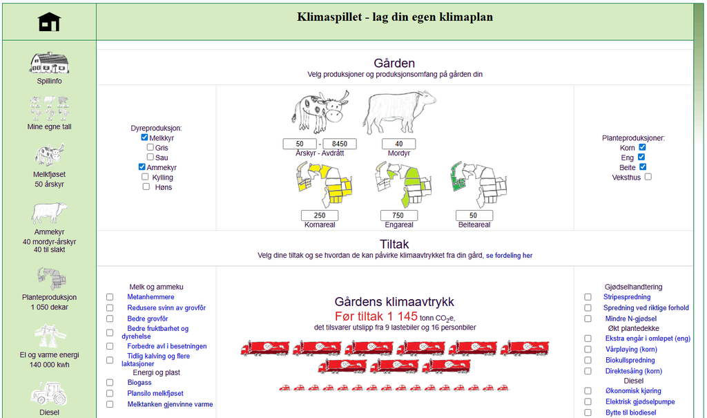 Startside for spill om klimatiltak på en gard. Du kan velge ulike dyre- og planteproduksjoner og se hvilken effekt ulike tiltak har. Skjermutklipp.