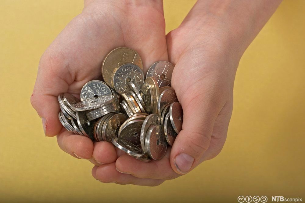 Hender holder pengemynt. Foto.