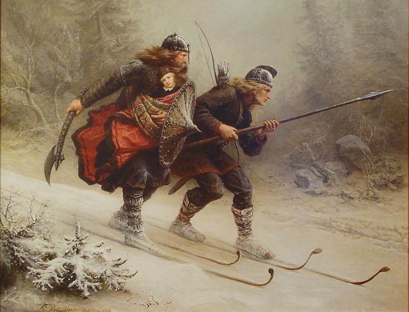 Det ikoniske maleriet "Birkebeinerne" av Knud Bergslien. Maleri. 