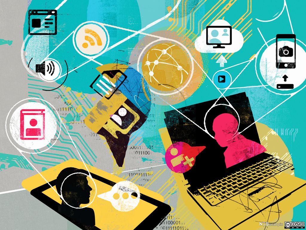 Personer kommuniserer via nettbasert teknologi. Illustrasjoner