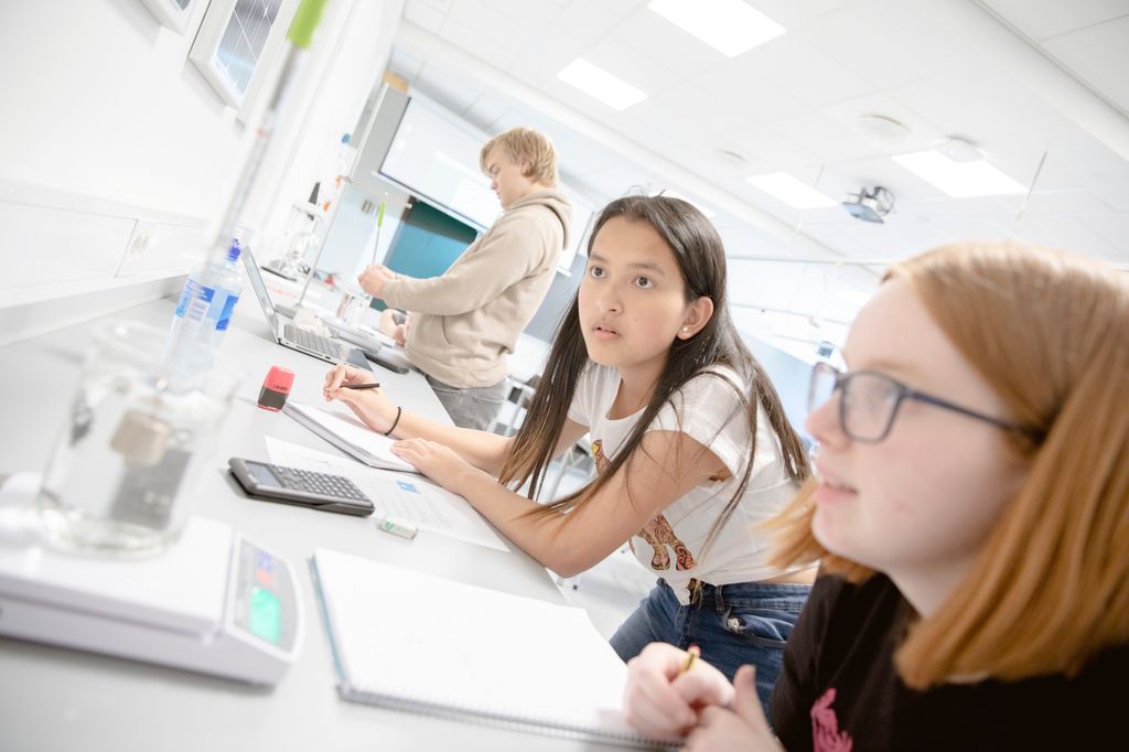 To jenter samarbeider med målinger til laboratorieforsøk. Foto.