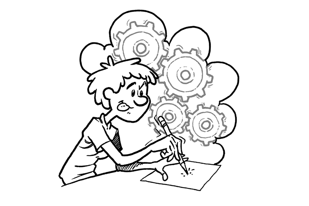 En gutt med grublende ansiktsuttrykk skribler på et ark. I en tankeboble kverner flere tannhjul. Tegning.