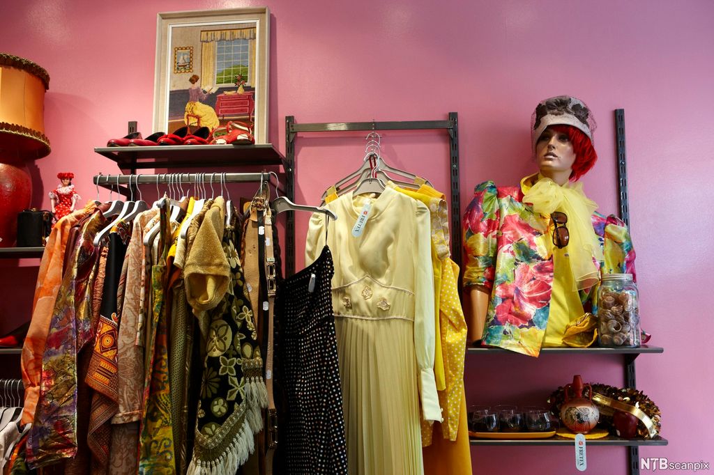 Kjolar i gult, grønt, oransje og svart heng på ei klesstong. Over klesstonga er det ei hylle med raude sko og over hylla eit bilete av ei ung kvinne som vi ser bakfrå sitjande på ein stol. Til venstre for klesstonga er det endå ei hylle. På den står det ei lampe med lampeskjerm, ein figur av ei kvinne kledd i raudt og ein liten koffert. Til høgre for klesstonga er det ei utkledd utstillingsdokke og under den diverse pyntegjenstandar på nok ei hylle. Bak det heile er det ein rosafarga vegg. Foto.