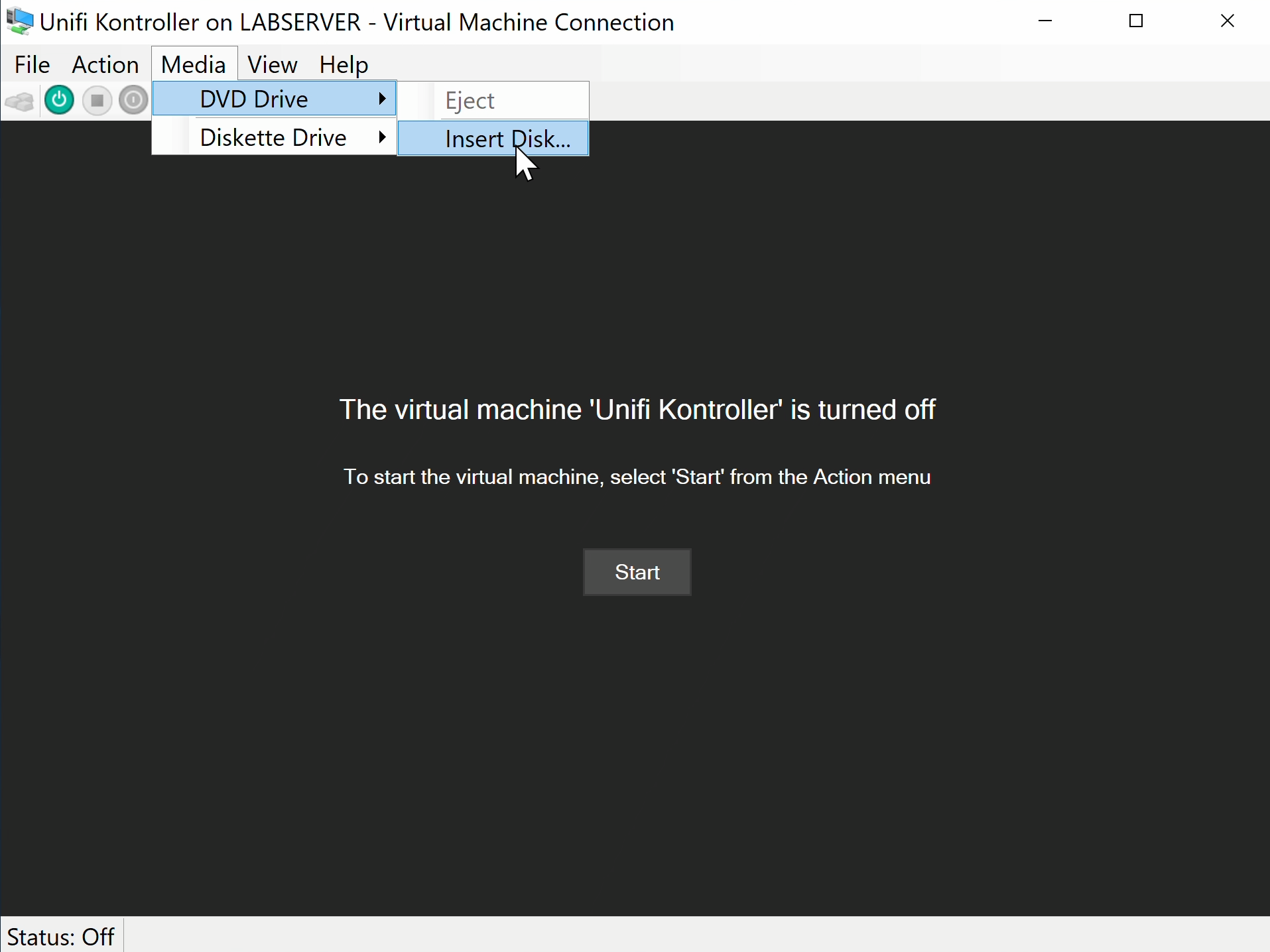 Skjermvindu med valg på toppen og stort felt under hvor den virtuelle maskinens skjermbilde vil vises. Skjermbilde. 