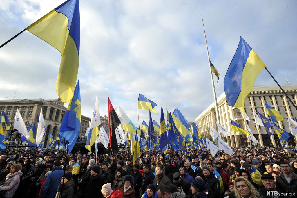 Demonstrasjon i Kyiv med ukrainske flagg. Foto. 