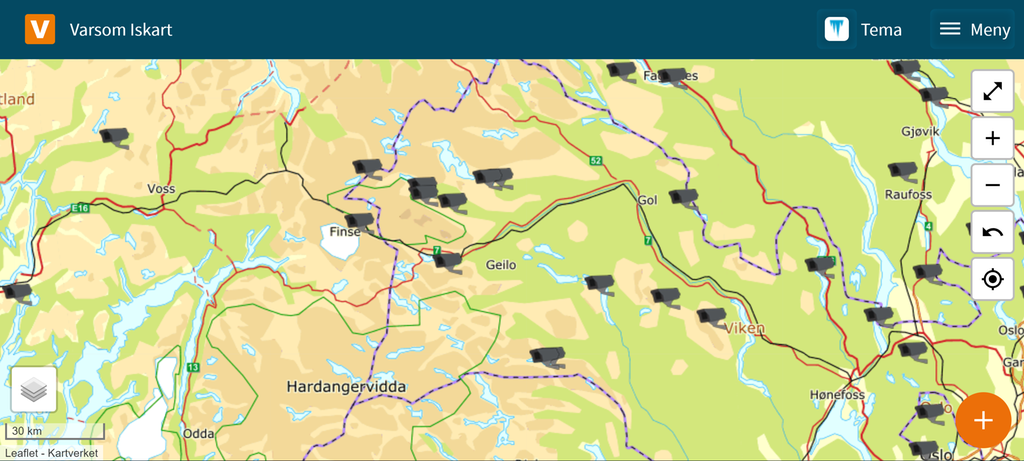 Skjermbilete som viser ikon ved fleire vatn i ei område. Illustrasjon.