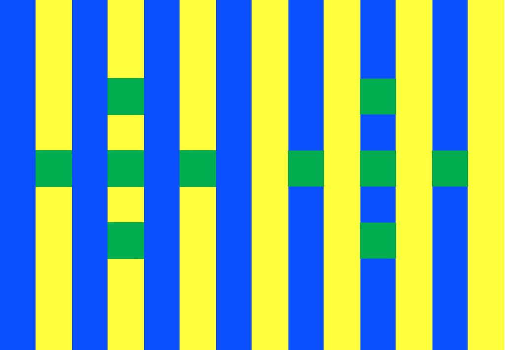 Blå og gule striper med grønne kvadrater. Tegning.