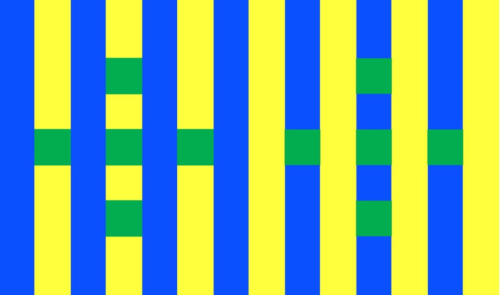 Blå og gule striper med grønne kvadrater. Til venstre er kvadratene plassert på de gule stripene, til høyre er de plassert på de blå stripene, noe som gjør at grønnfargen kan oppleves forskjellig til venstre og høyre. Illustrasjon.