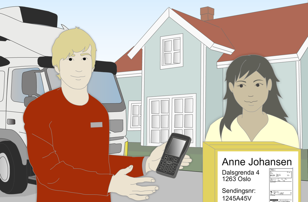 Kunde mottek pakke frå postmann. Leveransen blir stadfesta digitalt. Illustrasjon.