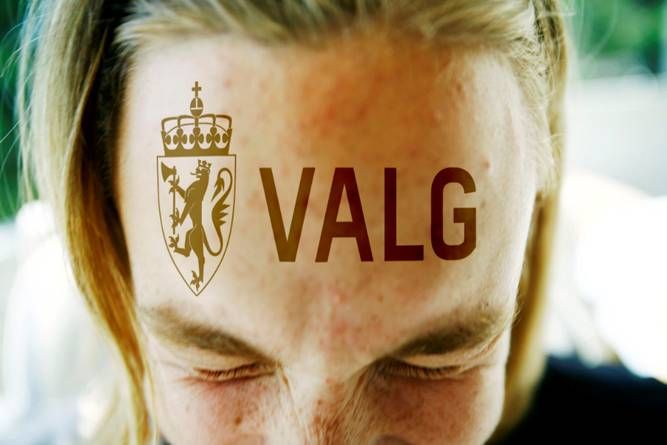 Ung person lukker auga, teksten "valg" er plassert i panna til personen. Illustrasjon.