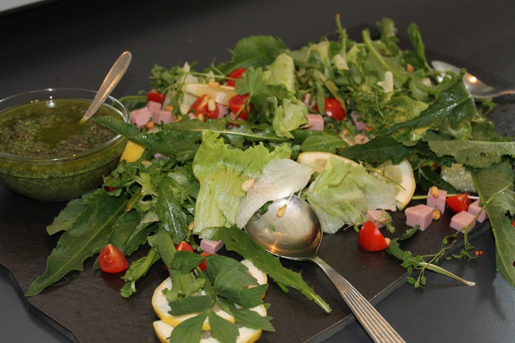 Fargerik salat på eit fat med ei skål grøn pesto ved sida av. Foto.