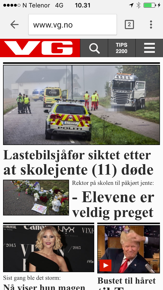 VG mobil informerer om ei trafikkulykke. Skjermdump. 