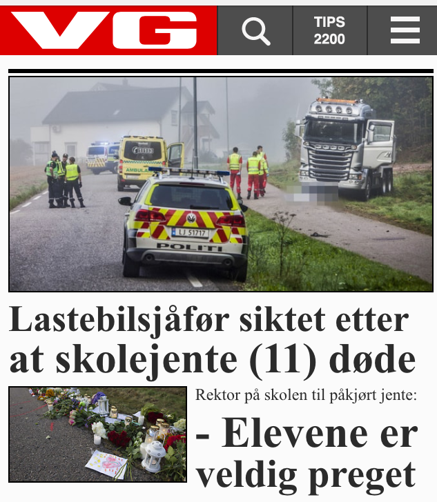 VG mobil informerer om ei trafikkulykke. Skjermdump.