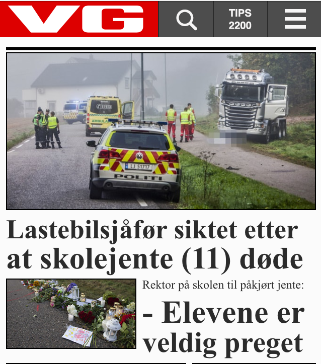 VG mobil informerer om ei trafikkulykke. Skjermdump.