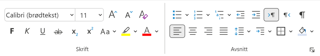 Teksteditor. Knapper i Microsoft Word online. Skjermdump.