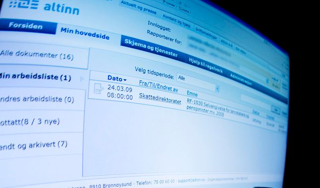 Dataskjerm med nettsiden til altinn. Foto.