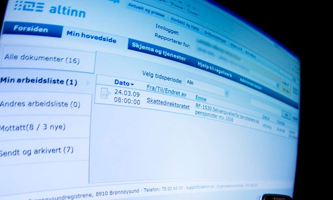 Dataskjerm som viser nettsida til altinn. Foto.