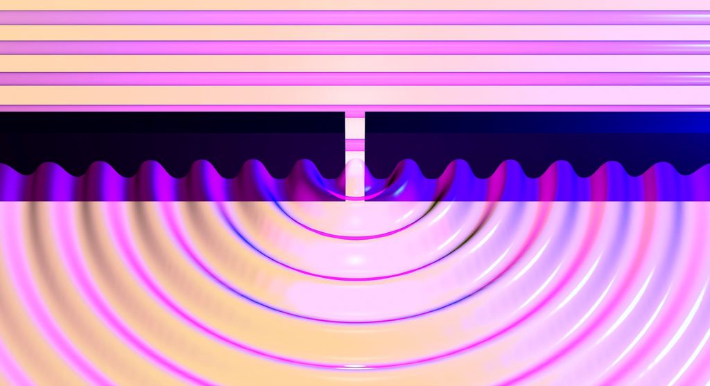 Rettlinjet bølge passerer smal spalte og bøyer av rundt hjørnene. Illustrasjon.