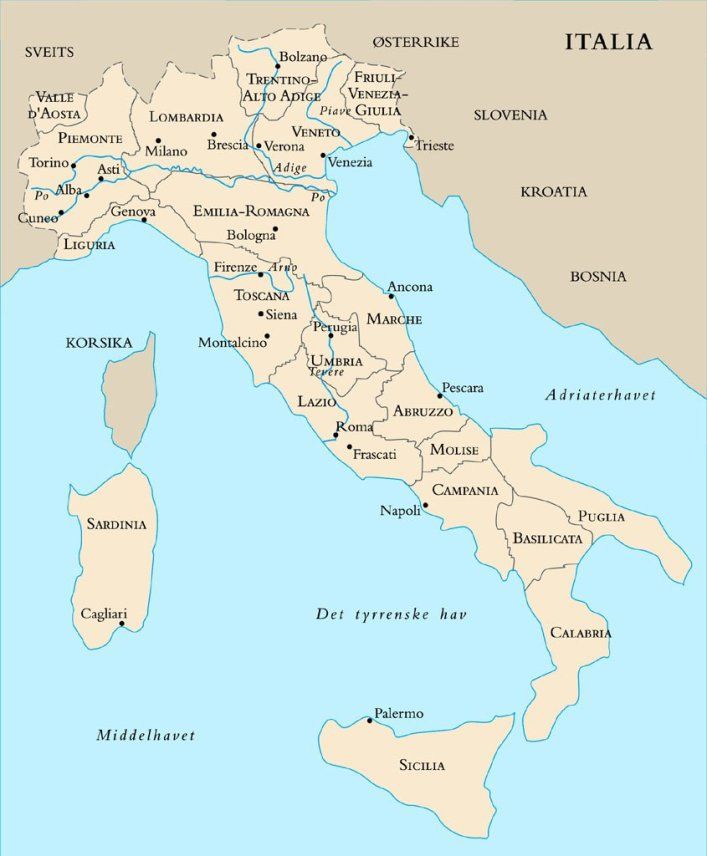 Kart over de ulike vinområdene i Italia. Illustrasjon.