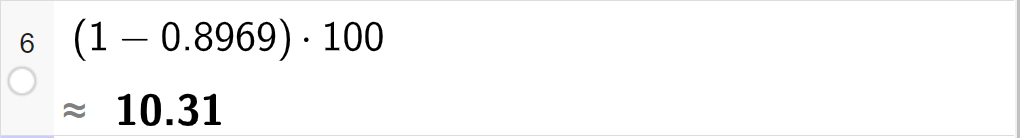 CAS-utregning med GeoGebra. På linje 6 er det skrevet parentes 1 minus 0,8969 parentes slutt multiplisert med 100. Svaret med tilnærming er 10,31. Skjermutklipp.