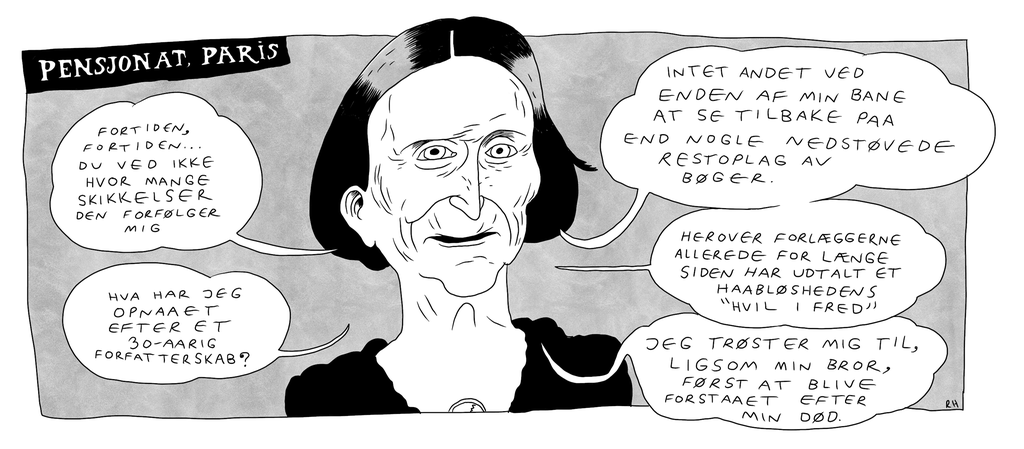 Eldre dame som snakkar. I boblene står det tankar om kva ho har oppnådd i livet som forfattar. Illustrasjon. 