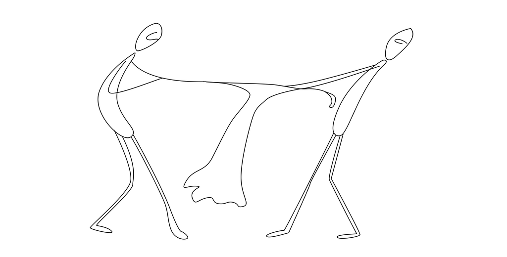 Bestemmerord. To figurer som drar noe. Illustrasjon.