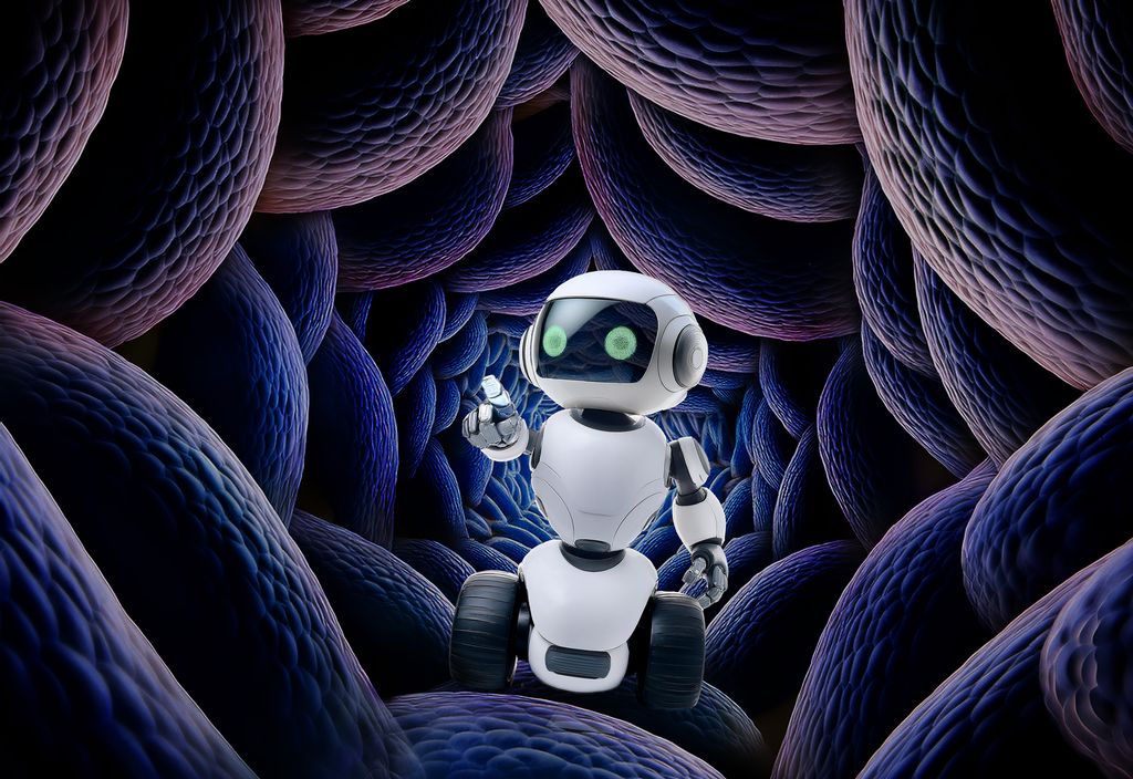 KI-generert illustrasjon av en liten, hvit robot med hjul inni en tarm. KI-illustrasjon.