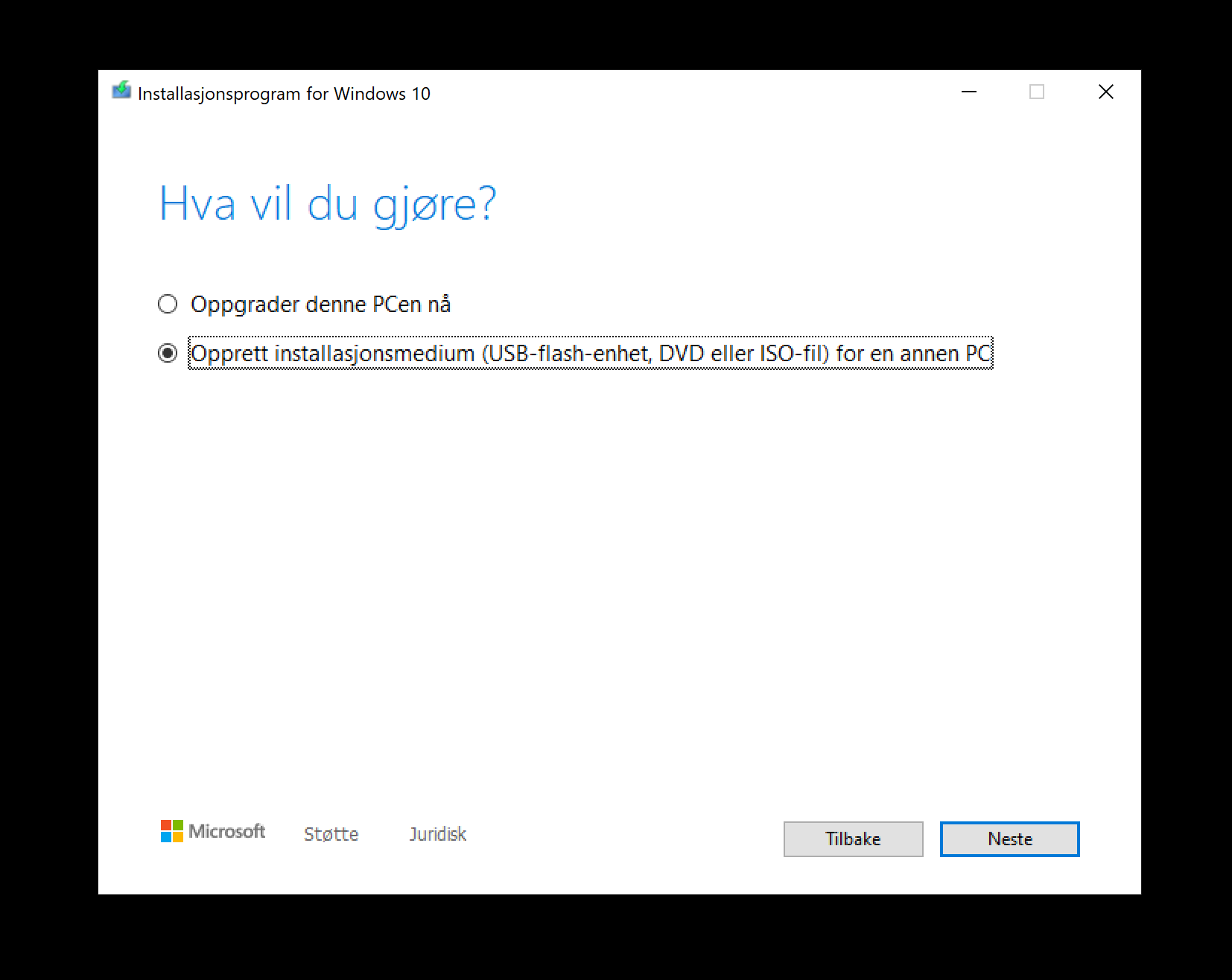 Programvindu med to valg. "Oppdatere denne PCen nå" og "Opprett installasjonsmedium". Skjermbilde.