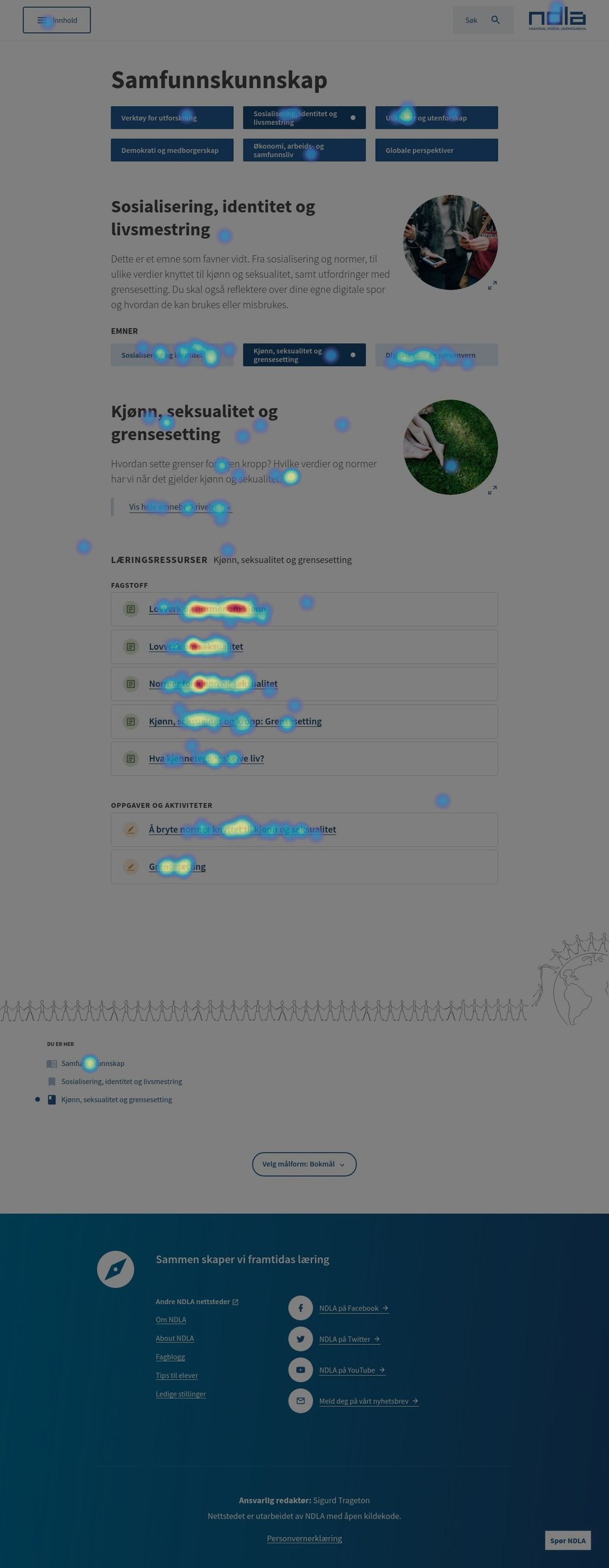 Lang skrolleside inne på NDLA. Det er eit varmekart som viser kvar nettbrukarar trykker. Skjermbilete.