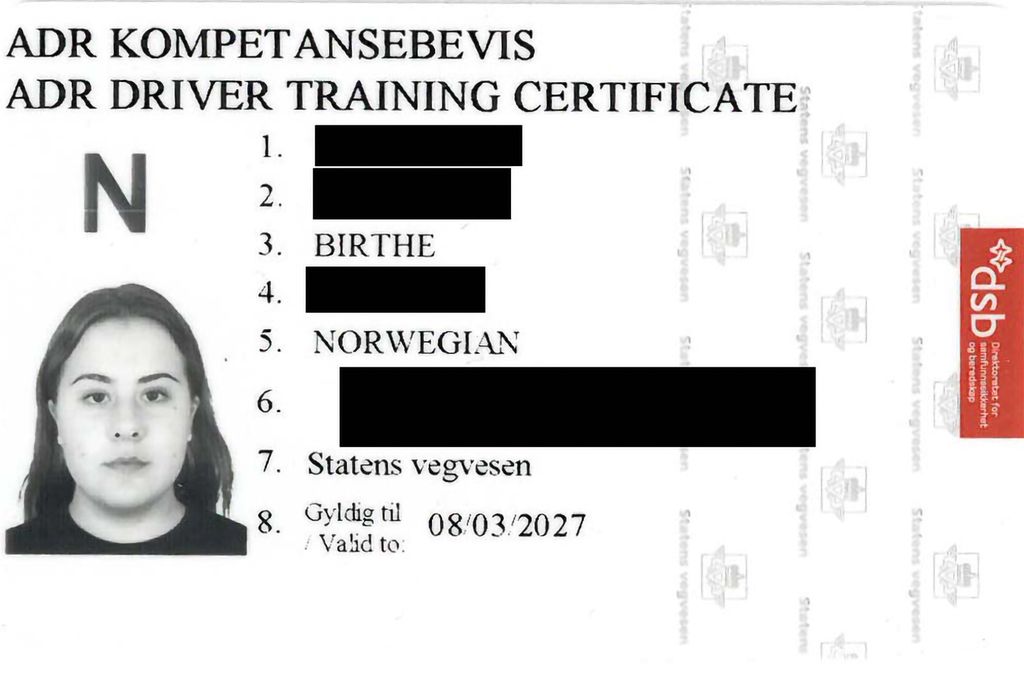 Skanna kompetansebevis med portrettbilde av en kvinne, nasjonalitetsmerke N, tittel på norsk og engelsk og 8 punkter hvor noe av informasjonen er sladda. Foto.