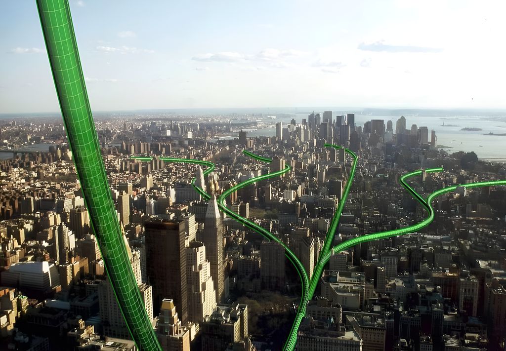 Brønnbane over Manhattan. Illustrasjon.