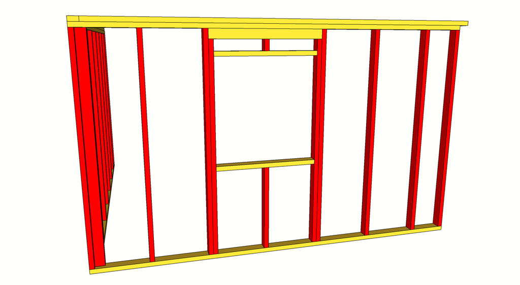 Standarar i ein vegg av bindingsverk. Teikning.