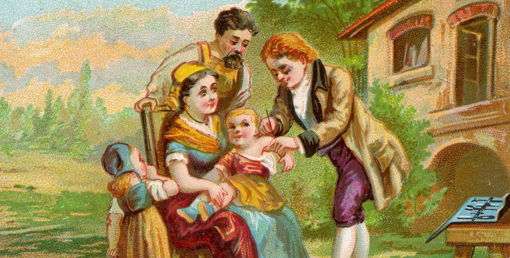 Edward Jenner vaksinerer ein liten gut. Grafikk.