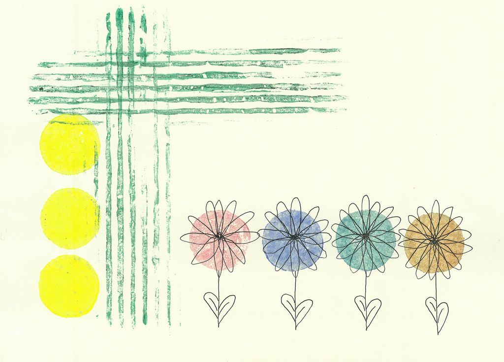 Gjentakingar av sirklar, linjer og blomar. Trykk med penneteikning. 