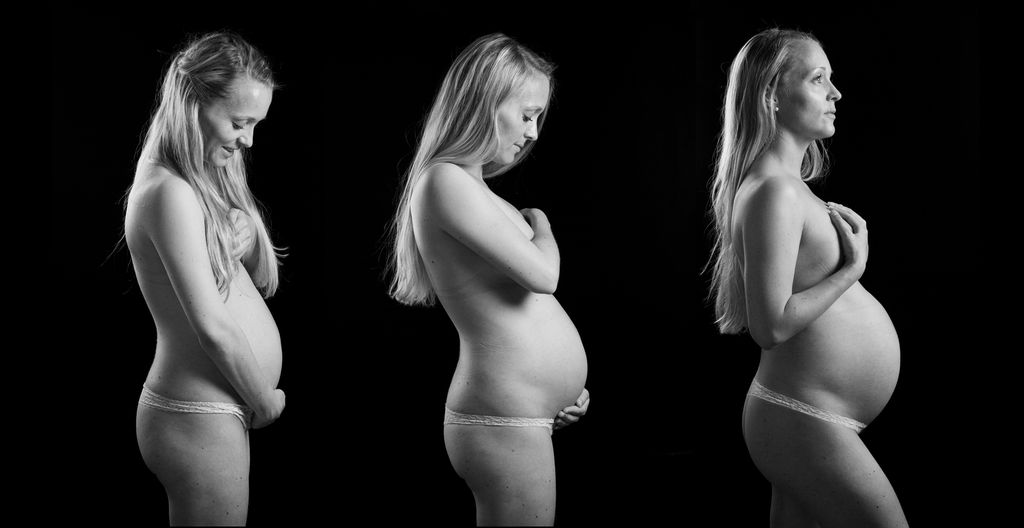 Gravid kvinne avbilda i profil. For kvart av dei tre bileta i serien har magen vakse. Foto.