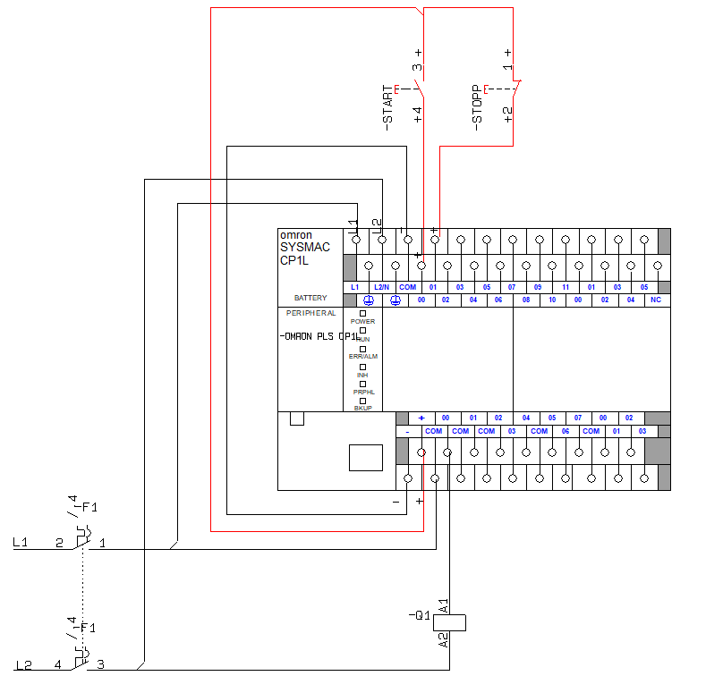 Skjematisk teikning av eit PLS-anlegg der brytarar, sikring og relé inngår. Illustrasjon.