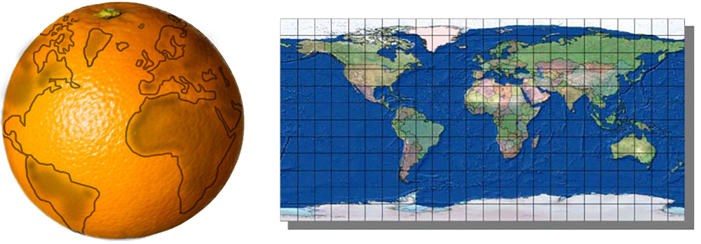Jordklode og kart av jordkloden. Tegning.
