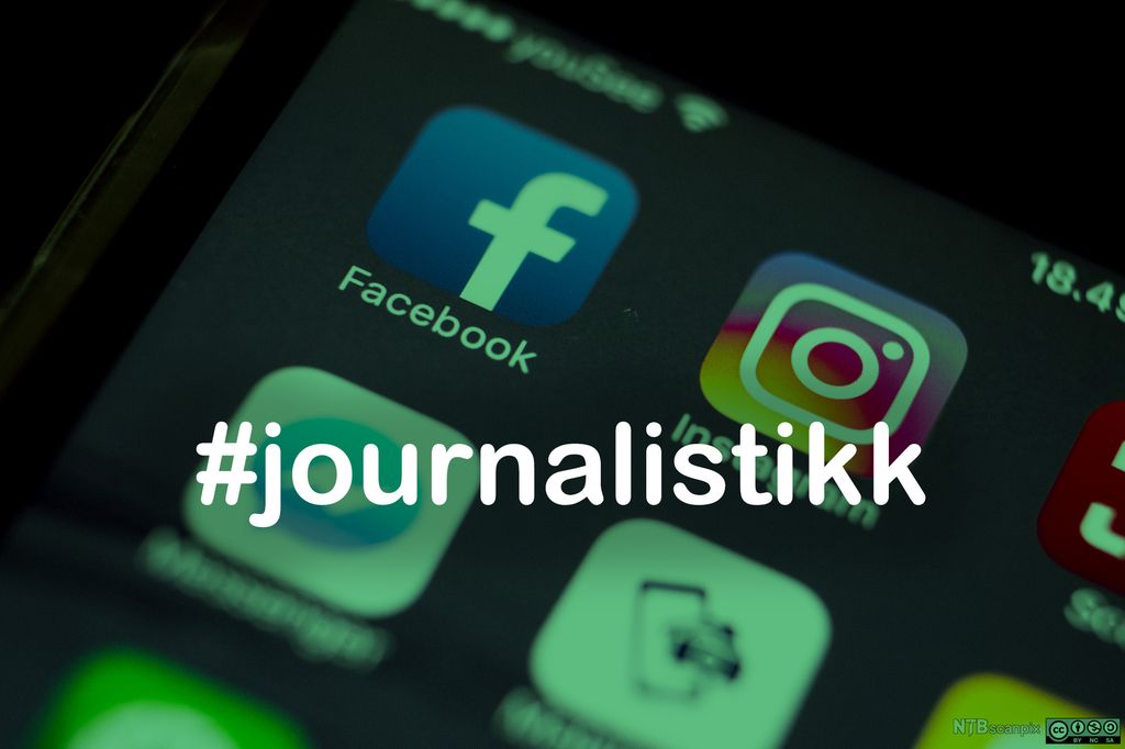 Mobilskjerm med app-ikoner for sosiale medier og teksten "hashtag journalistikk". Foto.