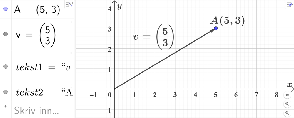 Koordinatsystem med et punkt og en vektor som begge har koordinatene 5 og 3. Skjermutklipp.