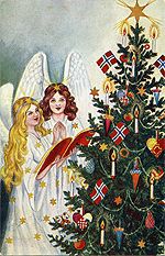 Juletre med norske flagg. Illustrasjon.