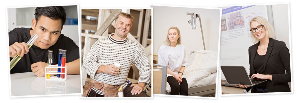 Kollasj av fire forskjellige personer. De har følgende yrker: kjemiker, tømrer, sykepleier og lærer. På første bilde til venstre vises en ung gutt som holder et reagensrør. Det er flere reagensrør ved siden av ham. Neste bilde viser en mann i grov strikkegenser med snekkerbelte. Han holder en kopp i hånda. På det tredje bildet sitter ei ung jente på ei sykeseng og ser undrende framfor seg. Det siste bildet viser en voksen dame med pc. Hun står i et klasserom, og på en vegg i bakgrunnen er et bilde fra en videokanon. Foto.