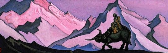 En mann rir på en okse med fjell i bakgrunnen. Maleri.